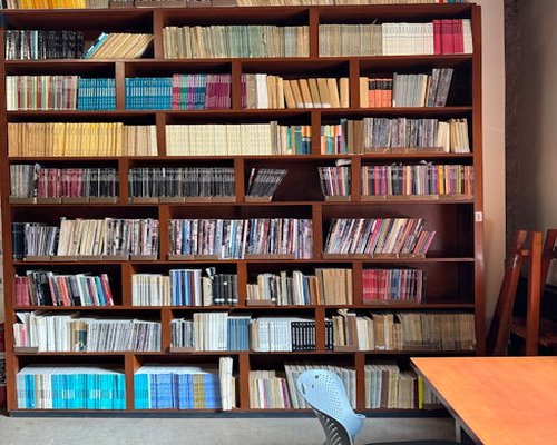 Collection of Peruvian literature books on a wooden library shelf